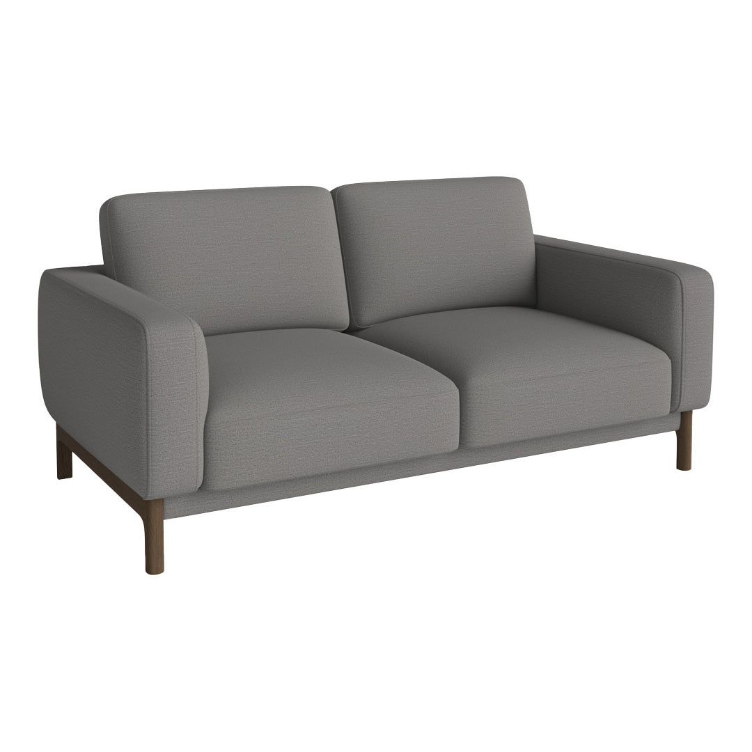 Stylish gray fabric sofa with clean lines and a modern wooden base, perfect for contemporary interiors.