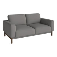 Stylish gray fabric sofa with clean lines and a modern wooden base, perfect for contemporary interiors.