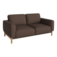 Brown upholstered sofa with a minimalist design and wooden legs, featuring a solid color without patterns.