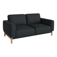 Modern black sofa with clean lines and minimalist design, featuring a textured fabric and light wood legs.
