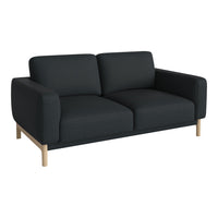 Stylish black two-seater sofa with clean lines and a textured fabric finish, featuring light wooden legs.