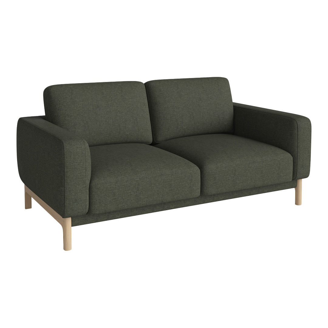 Dark green fabric sofa with a minimalist design and light wood legs, perfect for modern interiors.