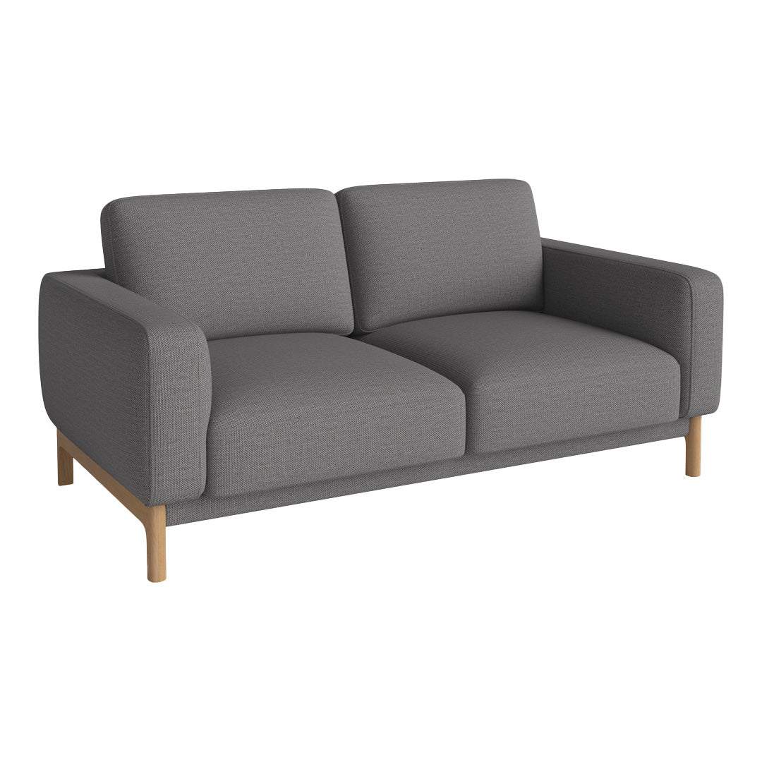 Gray modern sofa with clean lines and textured fabric, featuring a minimalist design and natural wood legs.