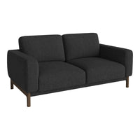 Modern dark gray loveseat with a textured fabric and clean lines, complemented by wooden legs. Ideal for minimalist decor.