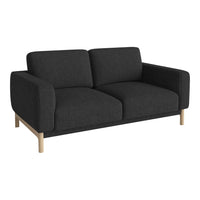 Modern black fabric sofa with a minimalist design and light wooden legs, perfect for contemporary interiors.