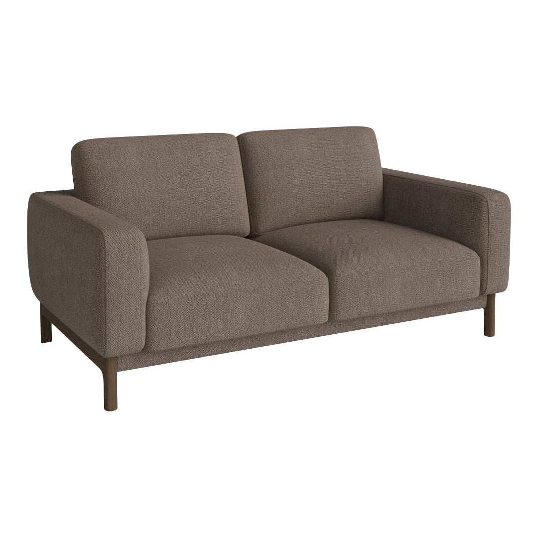 Modern two-seat sofa in a rich taupe fabric with a smooth texture and sleek, minimalist design.