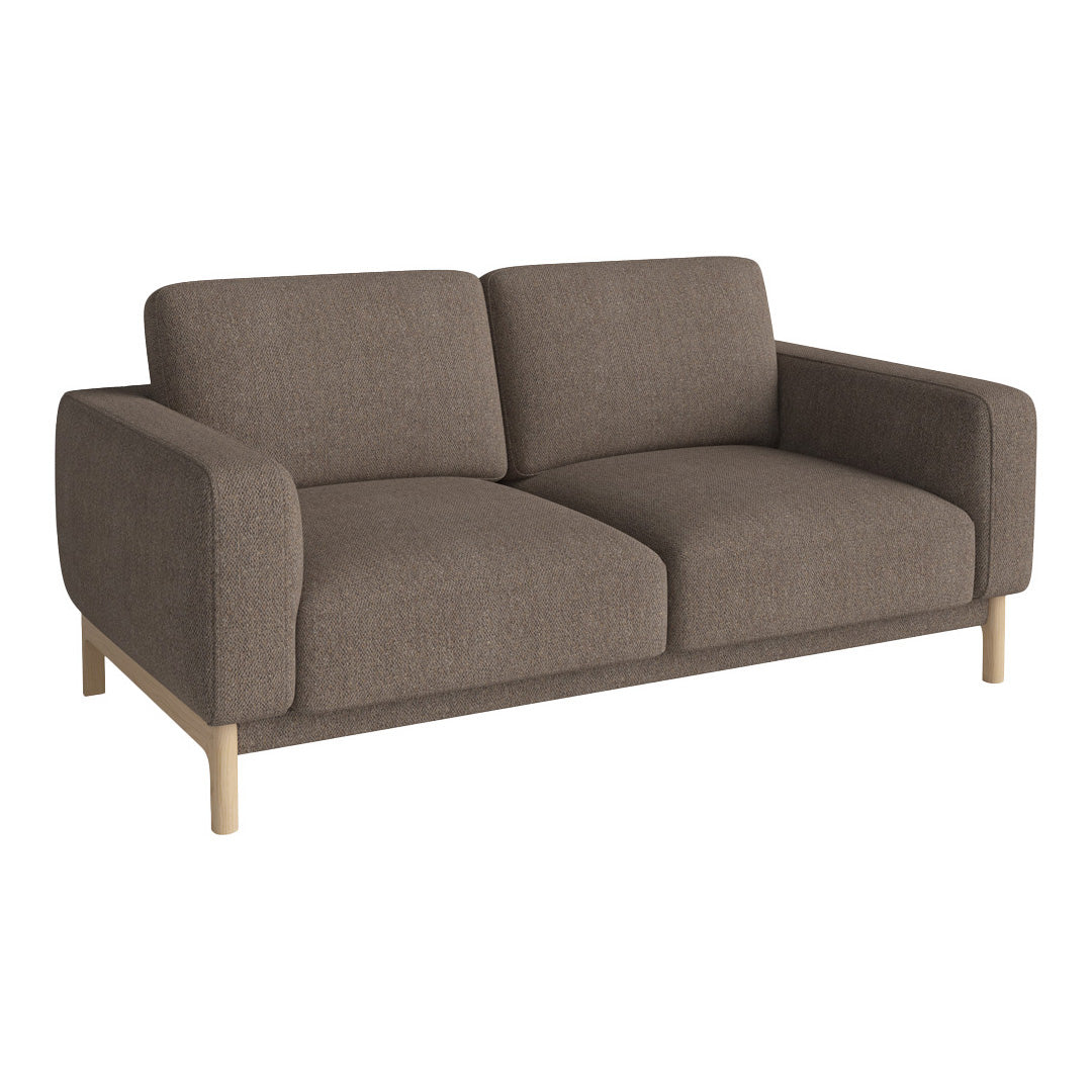 Brown fabric two-seater sofa with clean lines and a minimalist design, featuring a light wood frame.