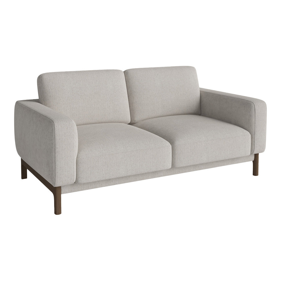 Light gray sofa with a modern design, featuring a smooth, textured fabric and solid, dark wood legs.