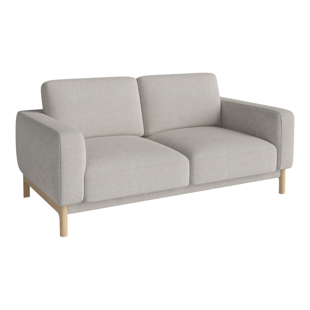 Light gray fabric sofa with a minimalist design and natural wood legs, perfect for modern interiors.
