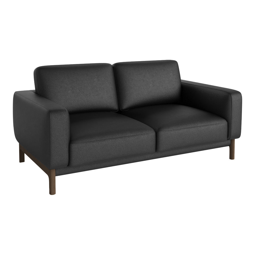 Stylish black fabric sofa with a modern design and clean lines, featuring rich brown wooden legs.