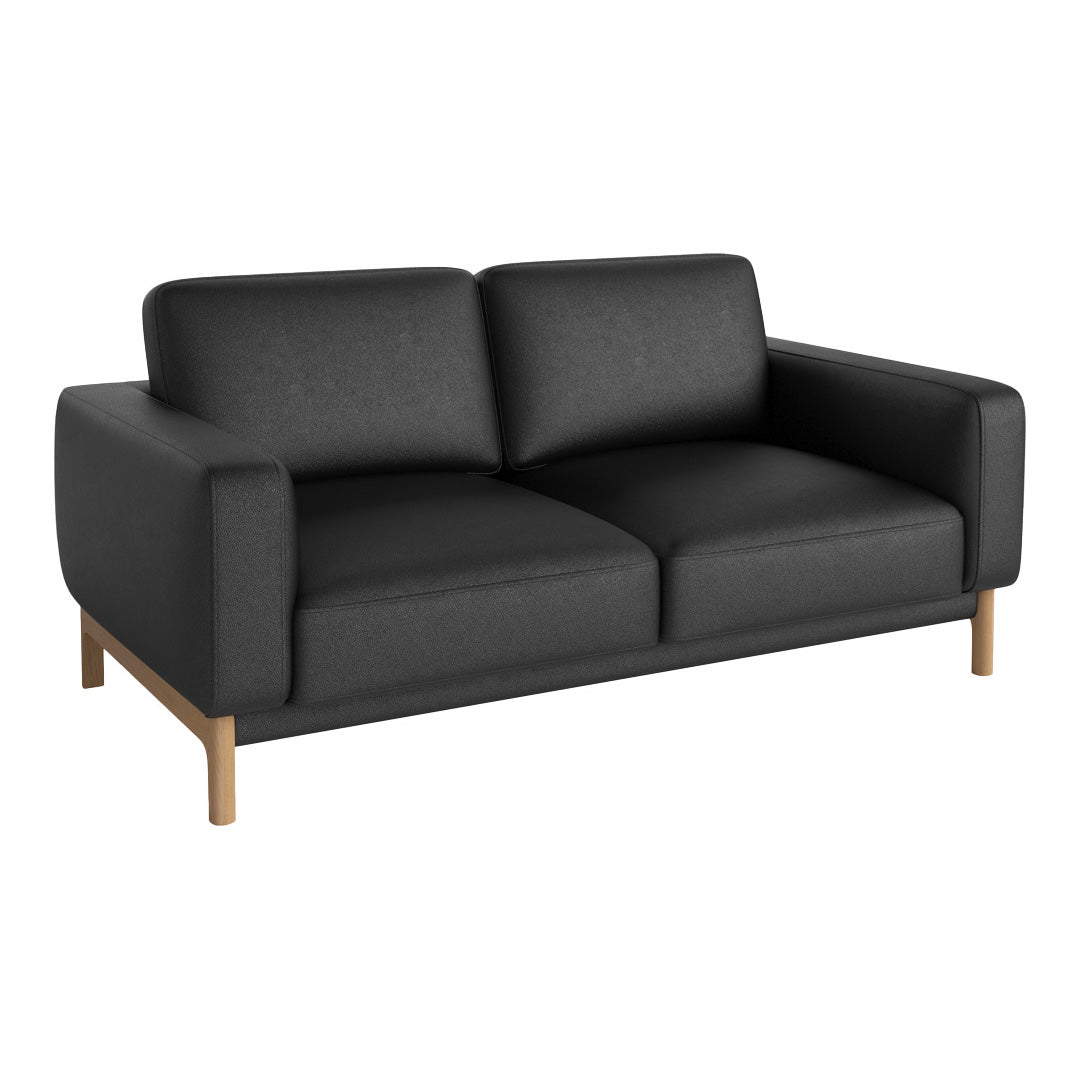 Black fabric sofa with a sleek design and wooden legs, featuring a minimalist pattern perfect for modern interiors.
