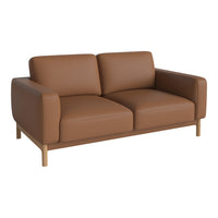 Brown leather sofa with clean lines and a minimalist design, featuring a light wooden base. Perfect for modern decor.