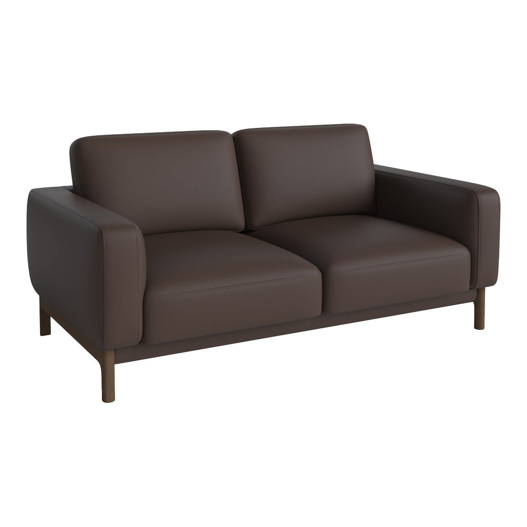 Brown leather sofa with sleek lines and minimalist design, featuring a smooth, solid pattern. Ideal for modern interiors.
