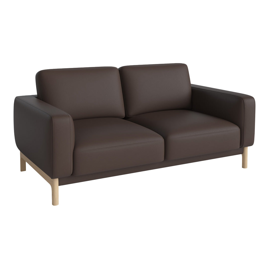 Brown leather sofa with a sleek, modern design and natural light wood legs, featuring smooth, minimalist lines.