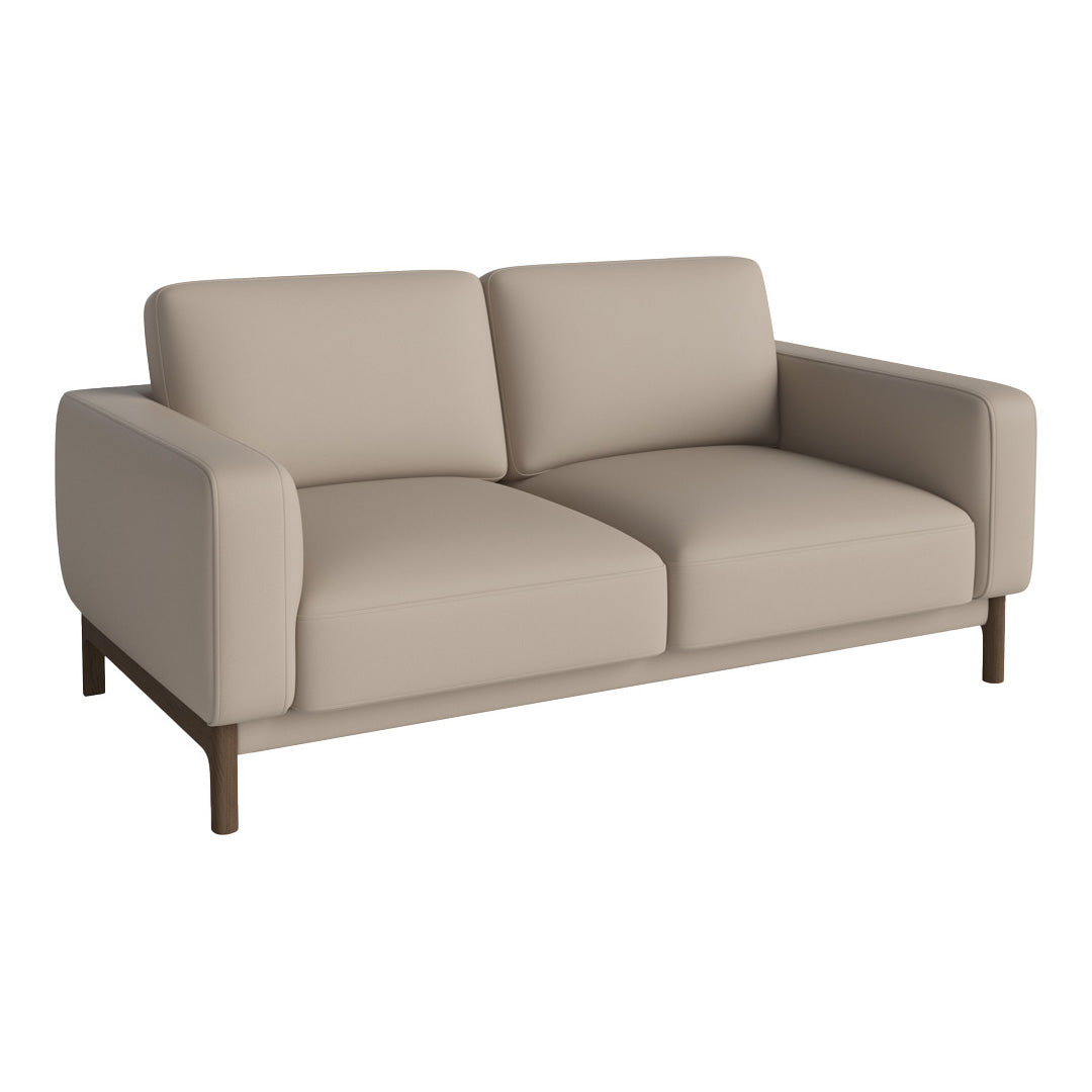 Beige modern sofa with smooth, minimalistic design and dark wooden legs. Perfect for contemporary interiors.
