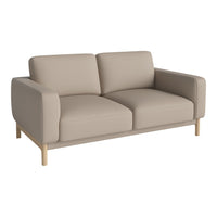 Beige two-seater sofa with smooth, minimalistic design and light wooden legs. Ideal for modern living spaces.