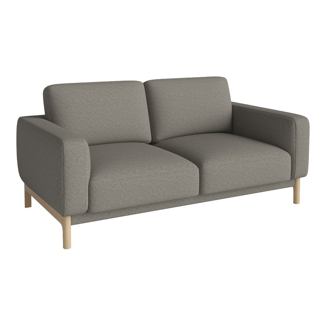 Gray fabric sofa with a minimalist design, featuring clean lines and a wooden base for a modern look.