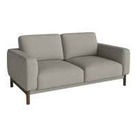 Light gray upholstered sofa with clean lines and a minimalist design, featuring a natural wood base. Perfect for modern decor.