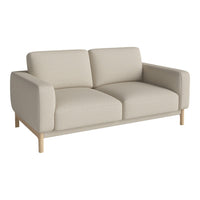Light beige two-seater sofa with smooth fabric and minimalist design, featuring natural wood legs. Ideal for any decor.