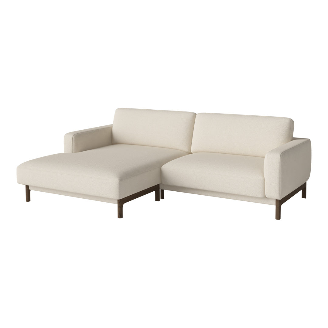 Modern cream sofa with clean lines and a sleek, minimalist design, featuring a solid wood frame.