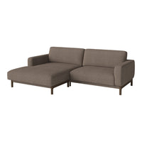 "Modern sectional sofa in a warm brown fabric with a textured finish and wooden legs, ideal for contemporary living spaces."