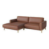 Brown leather sectional sofa with a clean design and wooden legs, perfect for modern interiors.