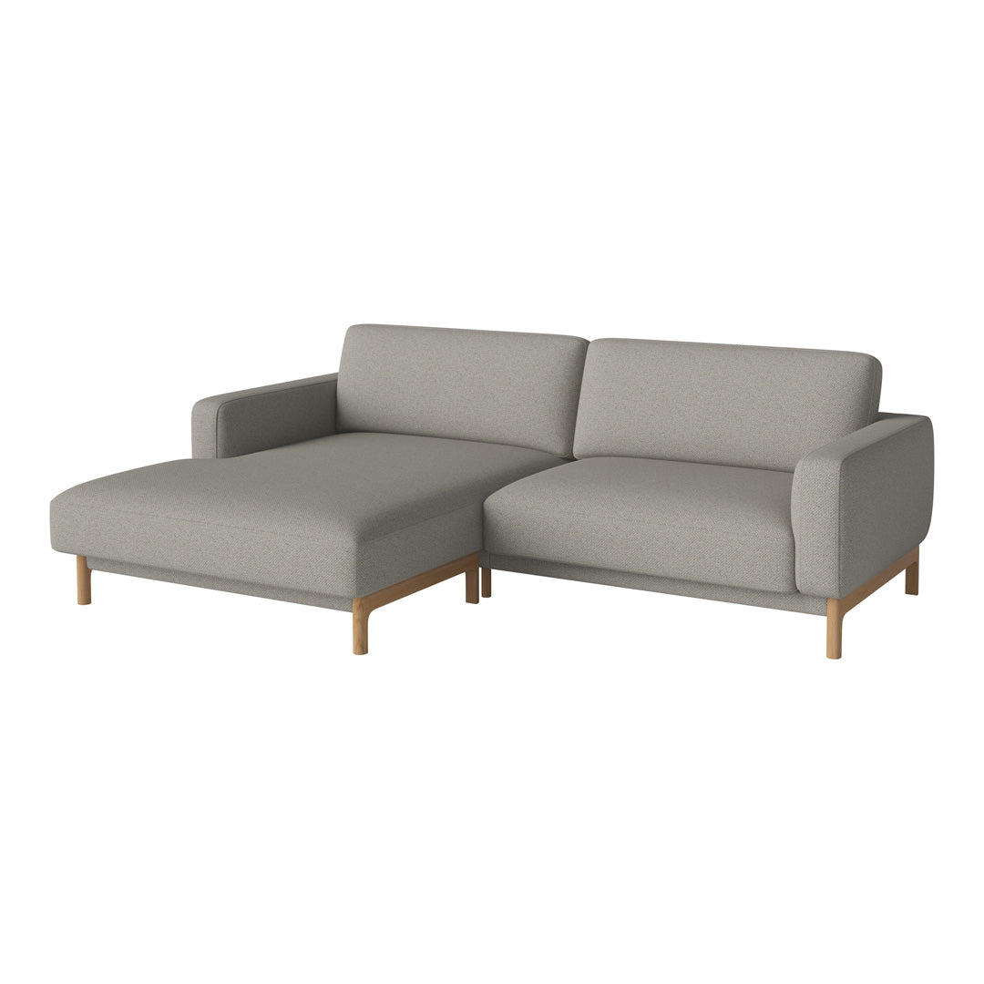 Light gray fabric sofa with streamlined design and natural wood legs, featuring a contemporary, minimalist style.
