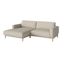 Beige sectional sofa with minimalist design and natural wood legs, featuring solid color upholstery and no visible patterns.