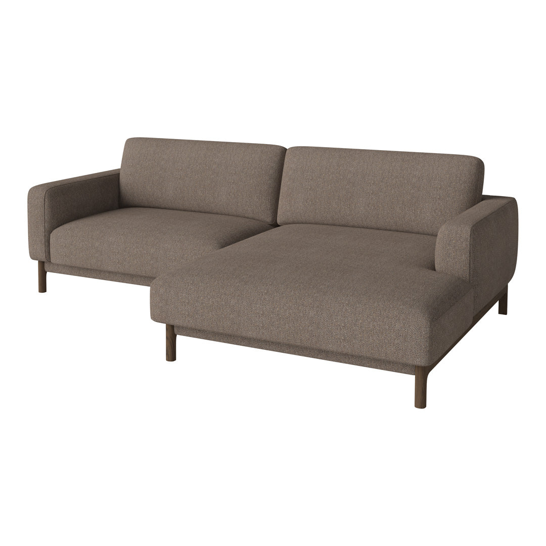 "Modern light brown sectional sofa with a textured fabric and minimalist design, featuring clean lines and wooden legs."