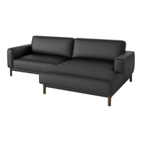 "Modern black sofa with a sleek, textured fabric and clean lines, featuring a low-profile design and sturdy wooden legs."