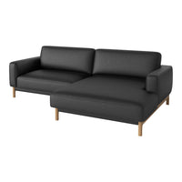 Modern black fabric sofa with wooden legs, featuring a minimalist design and clean lines. Perfect for contemporary decor.