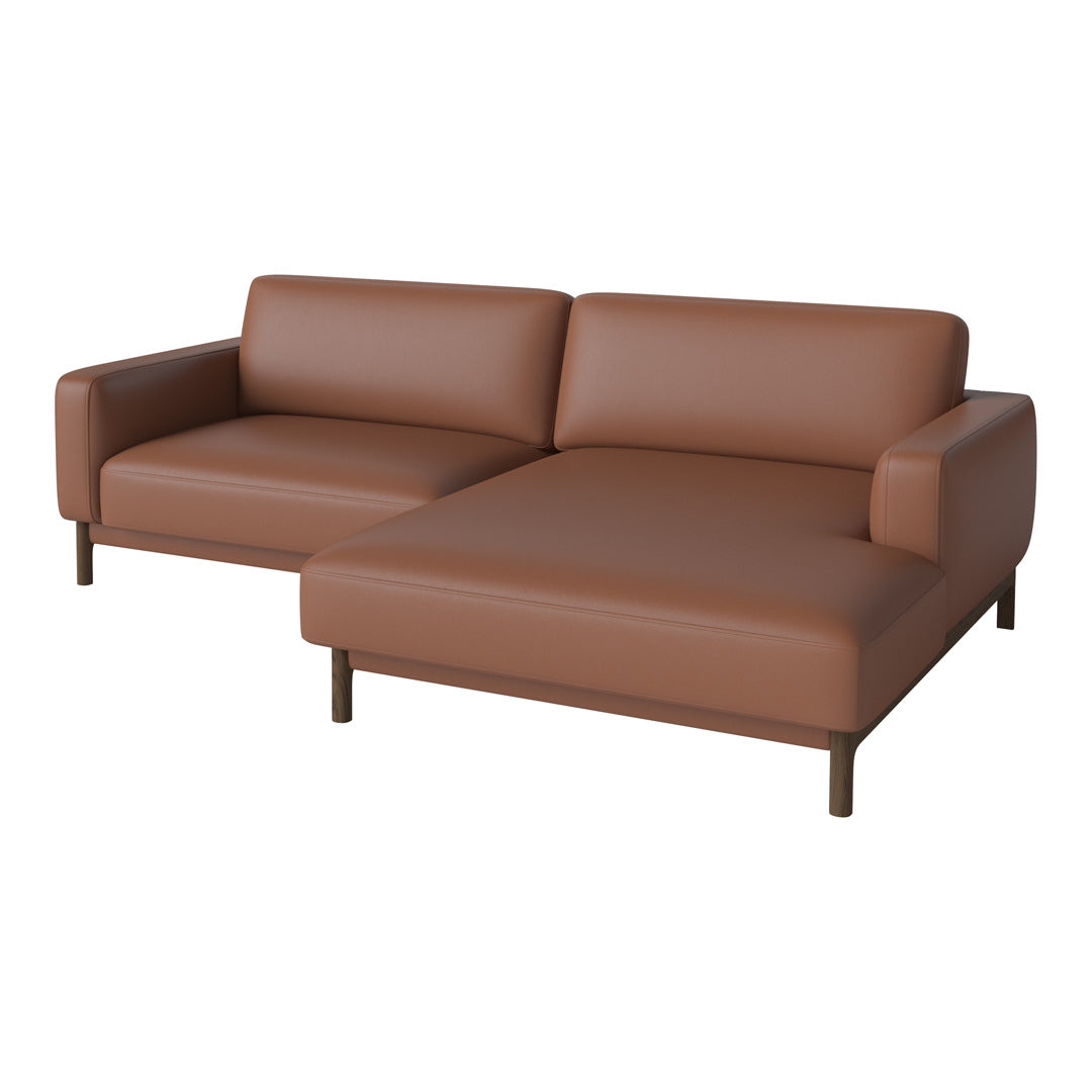 Modern brown leather sofa with a sleek, minimalist design and solid wood legs. Perfect for contemporary living spaces.