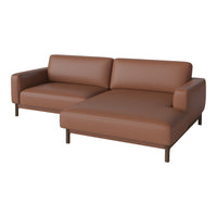 Modern brown leather sofa with a sleek, minimalist design and solid wood legs. Perfect for contemporary living spaces.