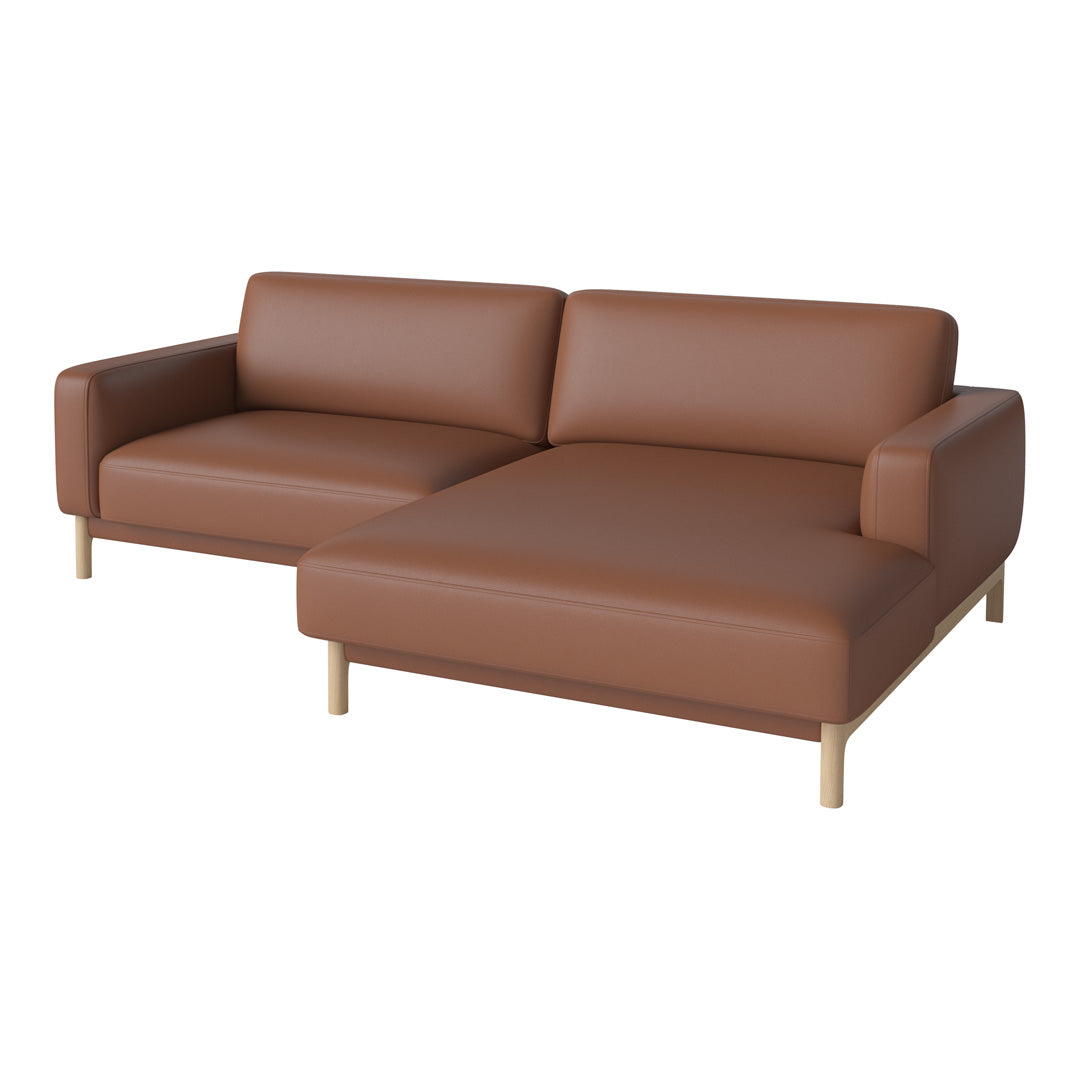 Brown leather sectional sofa with a clean, modern design and light wooden legs. Perfect for stylish living spaces.