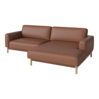 Brown leather sectional sofa with a clean, modern design and light wooden legs. Perfect for stylish living spaces.