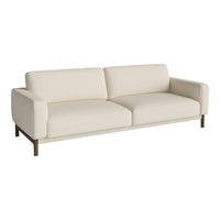 Cream-colored sofa with a minimalist design and smooth, solid upholstery. Ideal for modern interior decor.