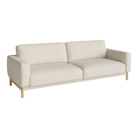 Light beige modern sofa with smooth upholstery and minimalist design, featuring wooden legs for a stylish touch.