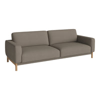 Modern grey sofa with smooth, solid fabric and wooden legs, perfect for minimalistic interiors.