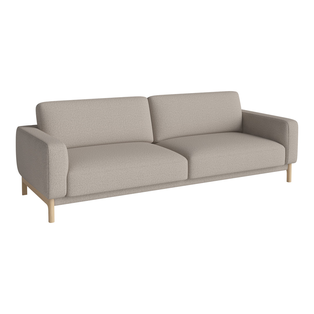 Light gray modern sofa with a minimalist design and wooden legs, featuring a smooth, plain fabric texture.