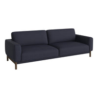 Modern navy blue sofa with a sleek design and solid upholstery, complemented by a minimalist wooden base.