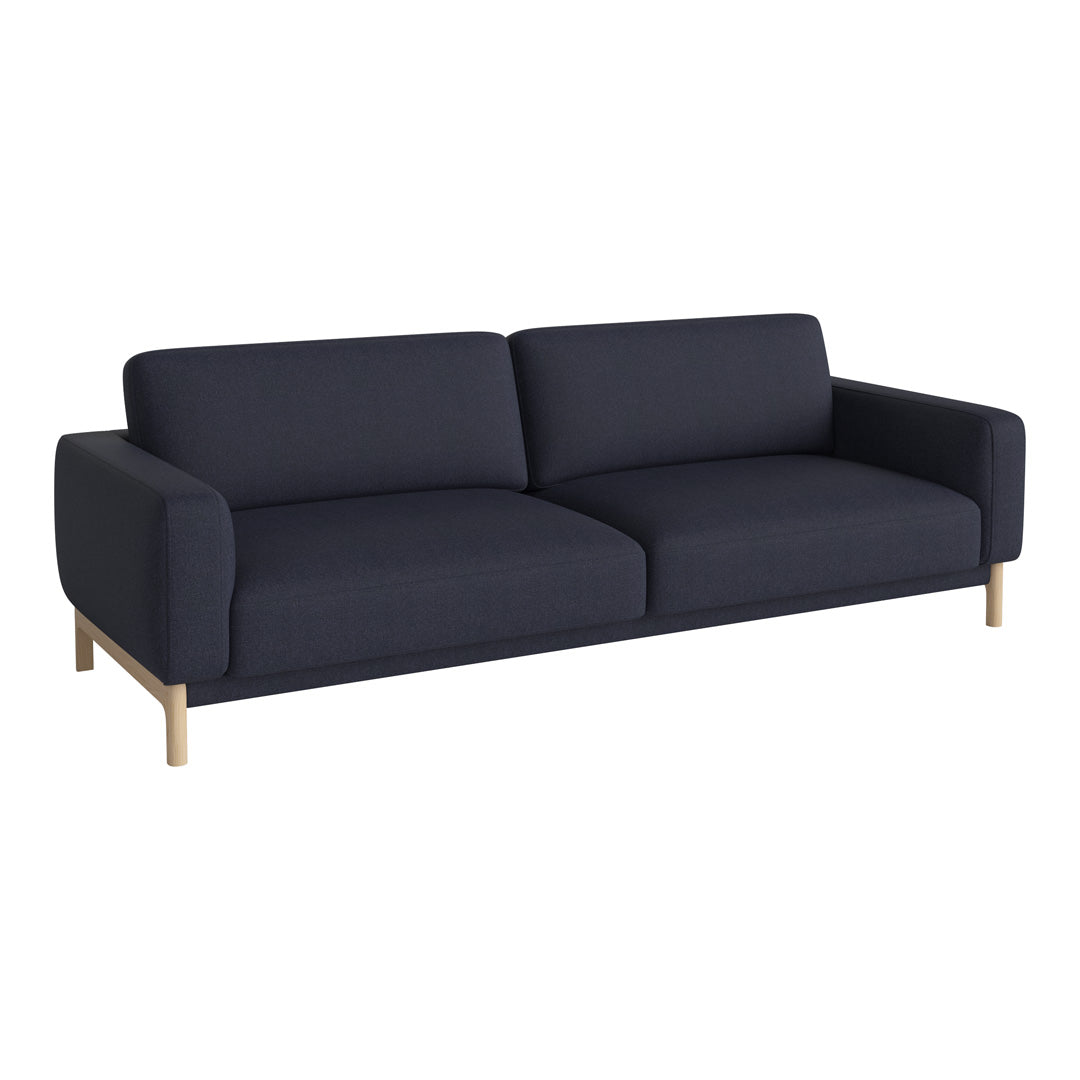Sleek navy blue sofa with a smooth, solid fabric and light wooden legs, perfect for modern living spaces.
