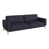 Sleek navy blue sofa with a smooth, solid fabric and light wooden legs, perfect for modern living spaces.