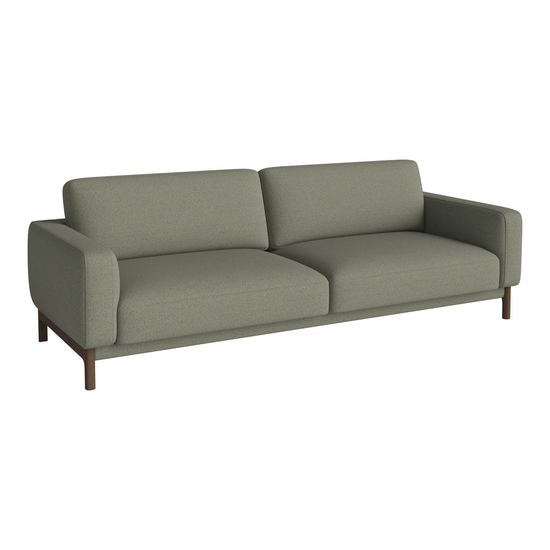 Gray upholstered sofa with smooth fabric, minimalist design, and wooden legs, ideal for modern interiors.