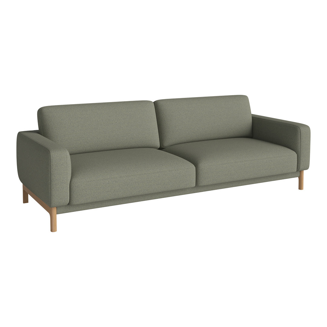 Sleek modern sofa in muted olive green fabric with clean lines and light wood legs. Perfect for contemporary decor.