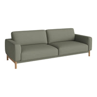 Sleek modern sofa in muted olive green fabric with clean lines and light wood legs. Perfect for contemporary decor.