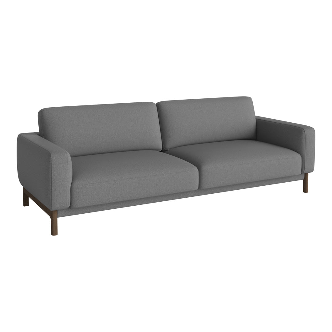 Modern gray sofa with a sleek, minimalist design and clean lines, featuring a soft fabric upholstery and wooden legs.