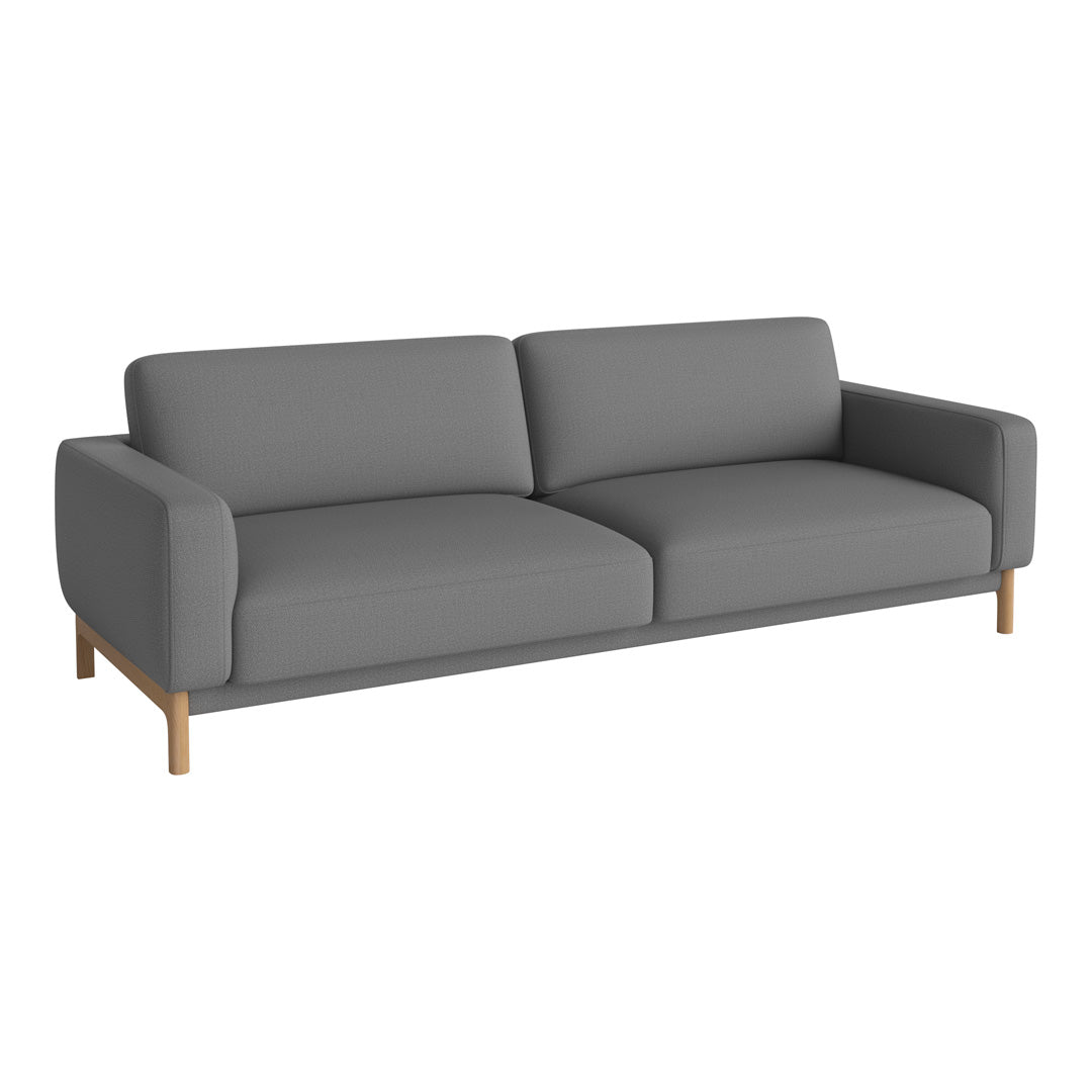 Gray fabric sofa with smooth lines and a minimalist design, featuring a light wood frame. Perfect for modern interiors.