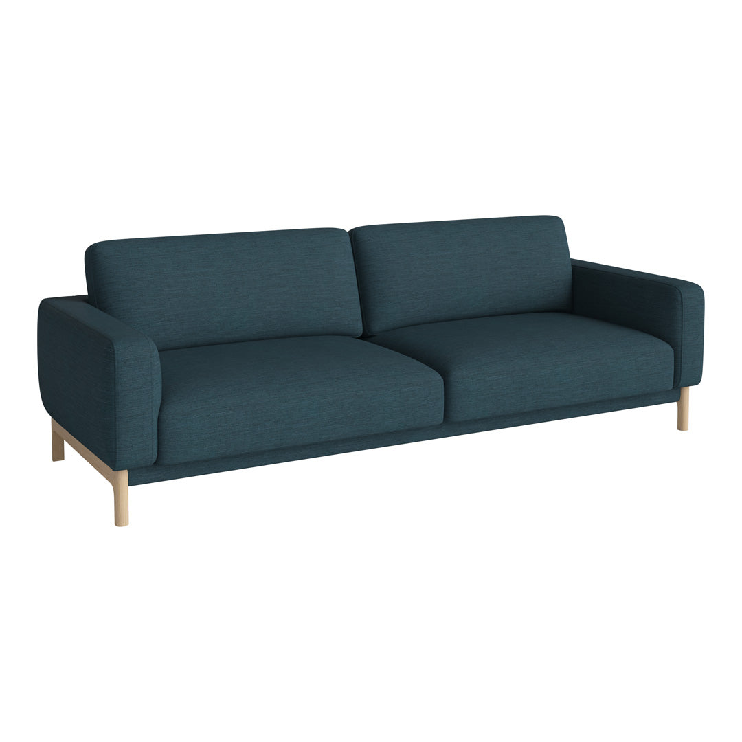 Teal fabric sofa with a minimalist design and subtle texture, featuring natural wood legs. Perfect for modern decor.