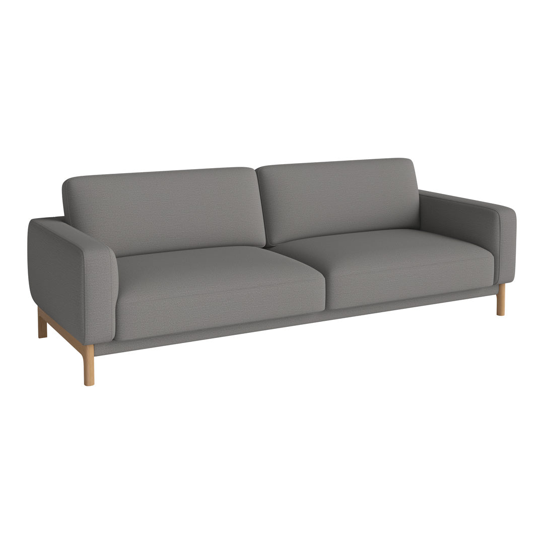 Gray modern sofa with a simple design and wooden legs, ideal for contemporary decor.