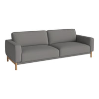 Gray modern sofa with a simple design and wooden legs, ideal for contemporary decor.